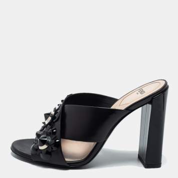 Pre Owned Fendi Black Leather Flowerland Slide Sandals Size 37.5