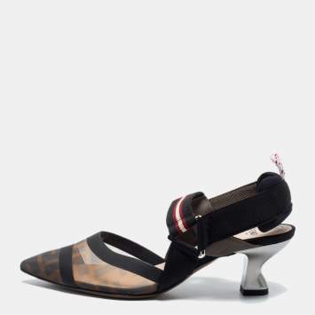 Pre Owned Fendi Brown/Black Zucca Mesh and Fabric Colibri Slingback Pumps Size 35.5