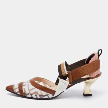 Pre Owned Fendi Brown/White Zucca PVC, Leather and Fabric Colibri Slingback Pumps Size 38