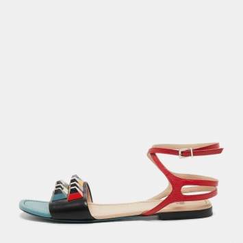 Pre Owned Fendi Multicolor Studded Leather and Lizard Embossed Flat Ankle Strap Sandals Size 40