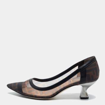 Pre Owned Fendi Brown/Black Zucca Mesh and Leather Colibri Pumps Size 38