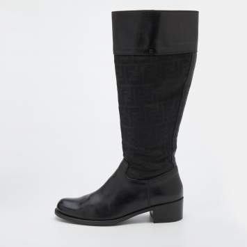 Pre Owned Fendi Black Zucchino Canvas and Leather Knee Length Boots Size 40.5