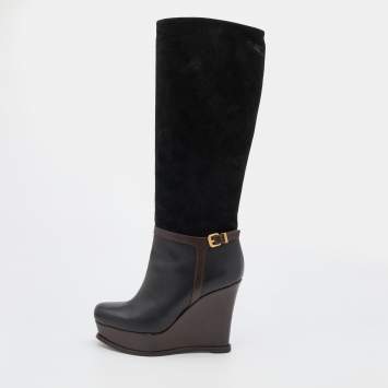 Pre Owned Fendi Black/Brown Suede and Leather Wedge Platform Knee Length Boots Size 38