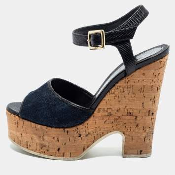 Pre Owned Fendi Navy Blue Denim and Lizard Embossed Leather Cork Wedge Platform Ankle Strap Sandals Size 38