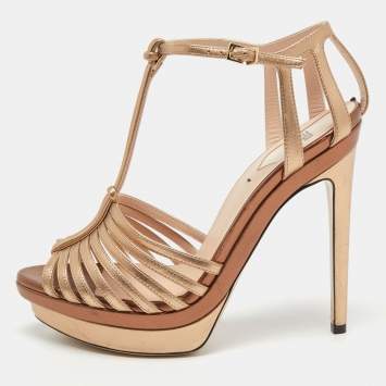 Pre Owned Fendi Metallic Gold Leather T Strap Platform Sandals Size 37