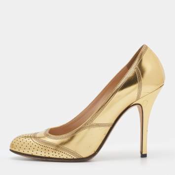 Pre Owned Fendi Metallic Gold Leather Perforated Brogue Detail Pumps Size 37