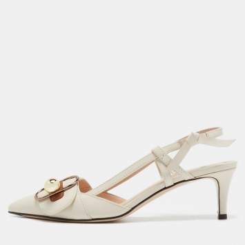 Pre Owned Fendi Cream Leather Buckle Strap Slingback Pumps Size 37