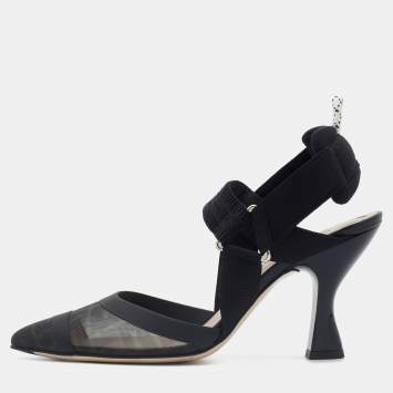 Pre Owned Fendi Black Mesh and Leather Colibri Slingback Pumps Size 37
