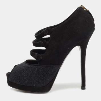 Pre Owned Fendi Black Suede and Glitter Peep Toe Booties Size 36