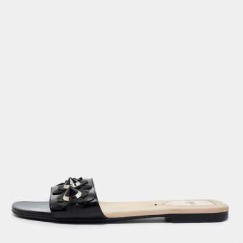 Pre Owned Fendi Black Patent Leather Flowerland Flat Slides Size 37.5 