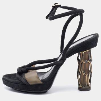 Pre Owned Fendi Black Suede Metal Caged Heel Ankle Strap Platform Sandals Size 37