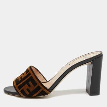 Pre Owned  Fendi Brown/Black Zucca Velvet And Leather Slip On Slides Size 39