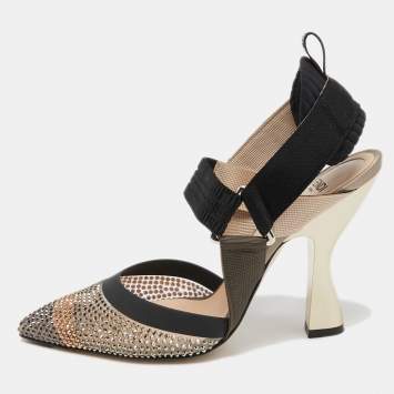 Pre Owned Fendi Multicolor Mesh and Canvas Crystal Embellished Colibri  Slingback Pumps Size 36 