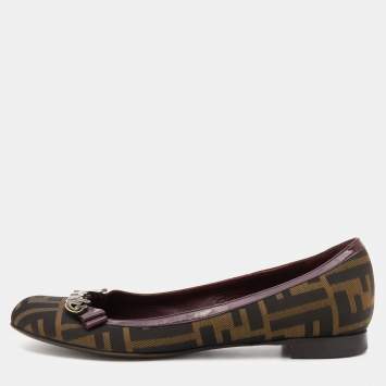 Pre Owned Fendi Brown/Burgundy Zucca Canvas and Patent Leather Logo Ballet Flats Size 36