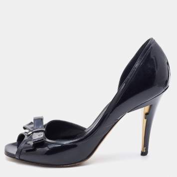 Pre Owned Fendi Black Patent Leather Bow Peep Toe D'orsay Pumps Size 38.5