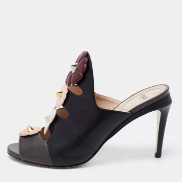 Pre Owned Fendi Black Leather Flowerland Mules Size 38