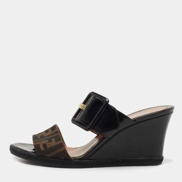 Pre Owned Fendi Black/Zucca Canvas And Patent Leather Wedge Slides Size 38