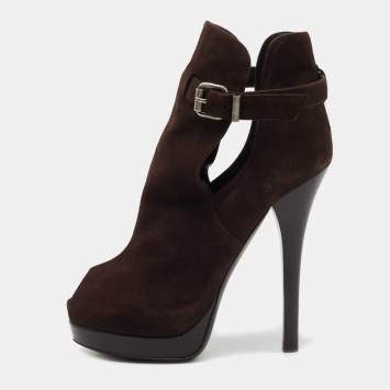 Pre Owned Fendi Brown Suede Peep Toe Platform Ankle Boots Size 36