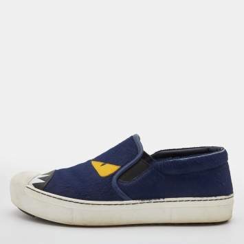 Pre Owned Fendi Navy Blue Calf Hair and Leather Monster Slip On Sneakers Size 38.5