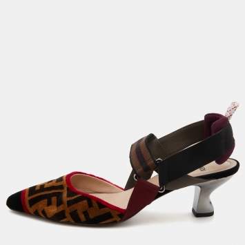Pre Owned Fendi Multicolor Zucca Velvet Colibri Forever Logo Slingback Pumps Size 38
