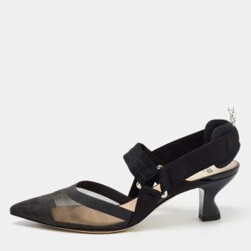 Pre Owned Fendi Black Mesh and Leather Colibri Slingback Pumps Size 39