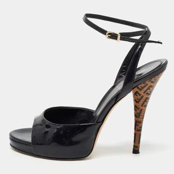 Pre Owned Fendi Black Patent Leather Ankle Strap Sandals Size 38