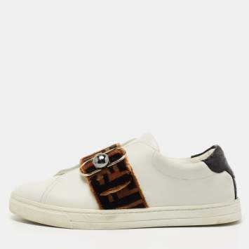 Pre Owned Fendi White Leather and Crocodile Logo Strap Buckle Low Top Sneakers Size 36 