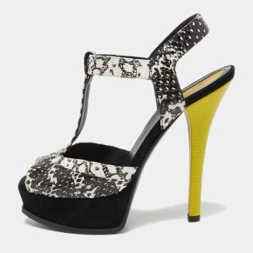 Pre Owned Fendi Multicolor Python Embossed Leather and Suede Animal Print T-Strap Sandals Size 38