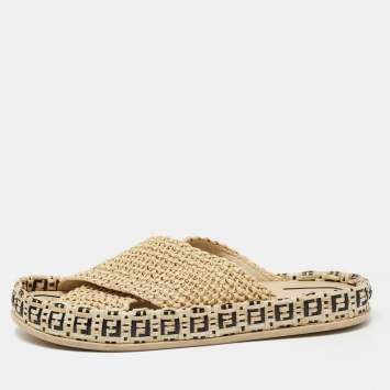 Pre Owned Fendi Beige Crisscross Raffia Zucca Espadrille Flat Slides Size 39
