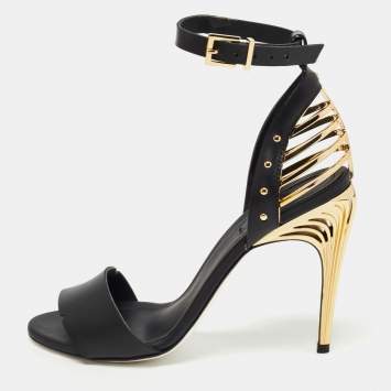 Pre Owned Fendi Black Leather Ankle Strap Sandals Size 38