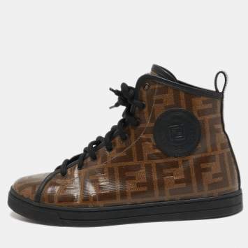Pre Owned Fendi Brown Zucca Canvas  Lace Up High Top Sneakers Size 38