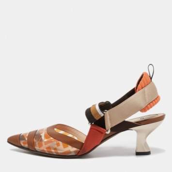 مملوكة مسبقًا Fendi Multicolor Leather and Zucca Print PVC Colibri Slingback Pumps Size 38.5