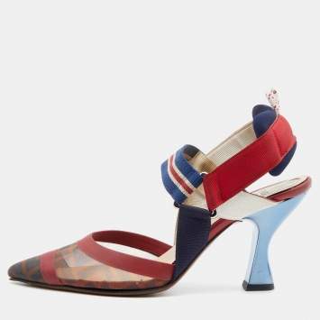 Pre Owned Fendi Multicolor Zucca Mesh and Fabric Colibri Slingback Pumps Size 36.5