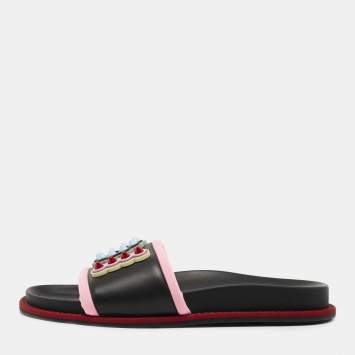 Pre Owned Fendi Black/Pink Leather and Fabric Studded Logo Flat Slides Size 39