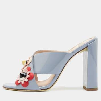 Pre Owned Fendi Light Blue Patent Leather Flowerland Slide Sandals Size 37