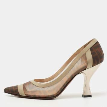 Pre Owned Fendi Brown/Grey Mesh And Leather  FF Logo Printed Colibri Pointed Toe Pumps Size 41