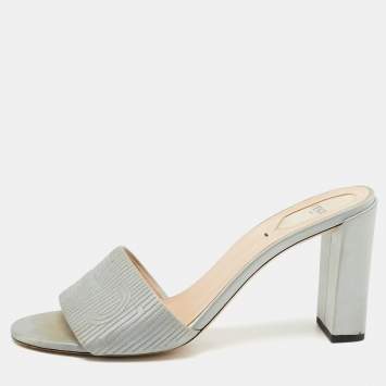 Pre Owned Fendi Grey Satin Logo Embroidered Block Heel Slides Sandals Size 41