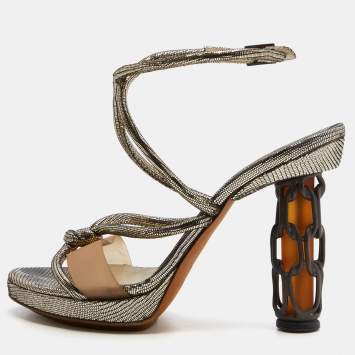 Pre Owned Fendi Metallic Grey Lizard Embossed Leather Chain Cage Heel Platform Sandals Size 40
