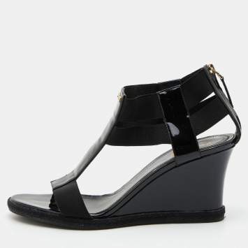 Pre Owned Fendi Black Patent Leather and Stretch Fabric Strappy Wedge Sandals Size 39