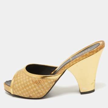 Pre Owned Fendi Gold Leather and Printed Fabric Open Toe Sandals Size 36
