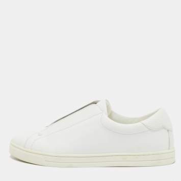 Pre Owned Fendi White Leather and Logo Knit Fabric Rockoko Slip On Sneakers Size 39