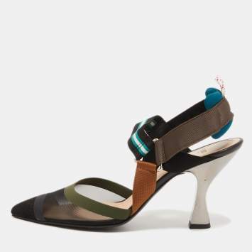 Pre Owned Fendi  Black/Brown Zucca Mesh and Leather Colibri Slingback Pumps Size 41