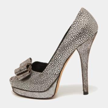 Pre Owned Fendi Metallic Brocade Fabric Bow Deco Peep Toe Platform Pumps Size 39