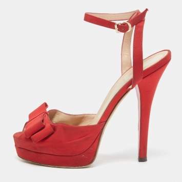 Pre Owned Fendi Red Fabric Bow Ankle Strap Platform Sandals Size 40