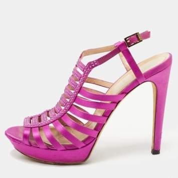 Pre Owned Fendi Magenta Crystal Embellished Satin Strappy Slingback Sandals Size 40
