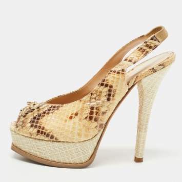 Pre Owned Fendi Brown/Beige Python Fendista Slingback Pumps Size 40