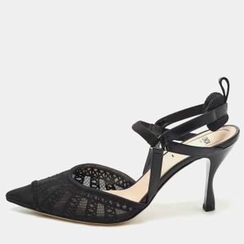 Pre Owned Fendi Black Lace and Leather Colibri Lite Slingback Pumps Size 37