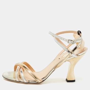 Pre Owned Fendi Metallic Silver/Gold Foil Leather Strappy Sandals Size 37