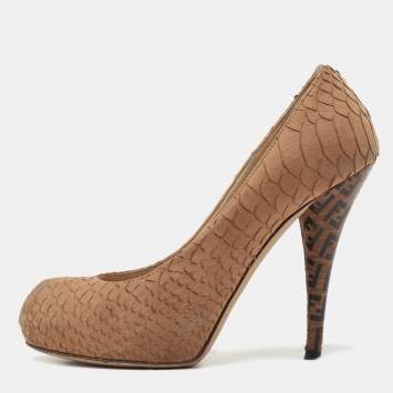 Pre Owned Fendi Brown Python Embossed Leather FF Logo Heel Platform Pumps Size 36.5