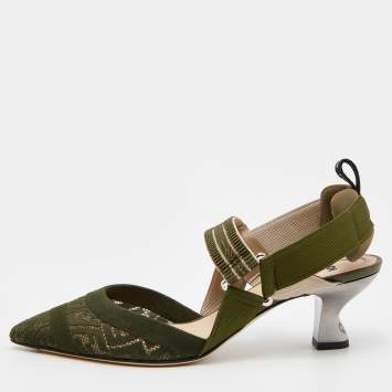 Pre Owned Fendi Multicolor Green Fabric and Nylon Colibri Slingback Sandals Size 37.5